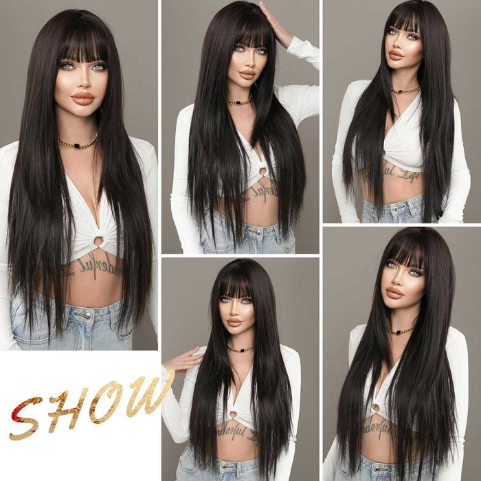 Дълга 80 см тъмно кафява права перука на пластове зигзаг път