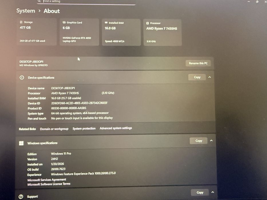 Laptop Lenovo Ryzen 7435hs 16GB RAM DDR5 RTX 4050 6GB