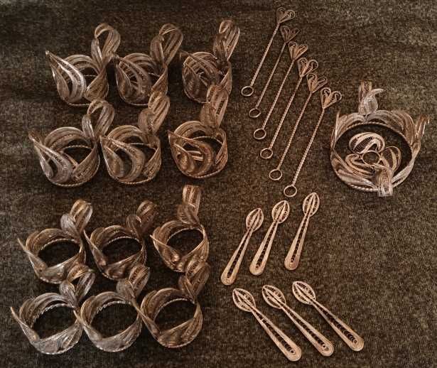 Set 12 suporturi pahare+lingurite Art-Deco lucrate in Cu-Ag filigranat