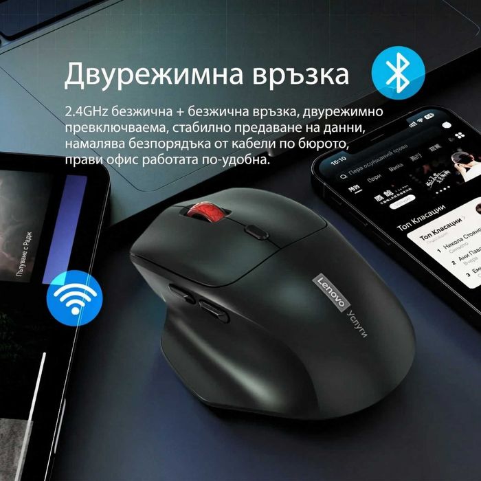LENOVO N230 Безжична мишка, Bluetooth и 2.4GHz, Безшумна, Ергономична, Нова