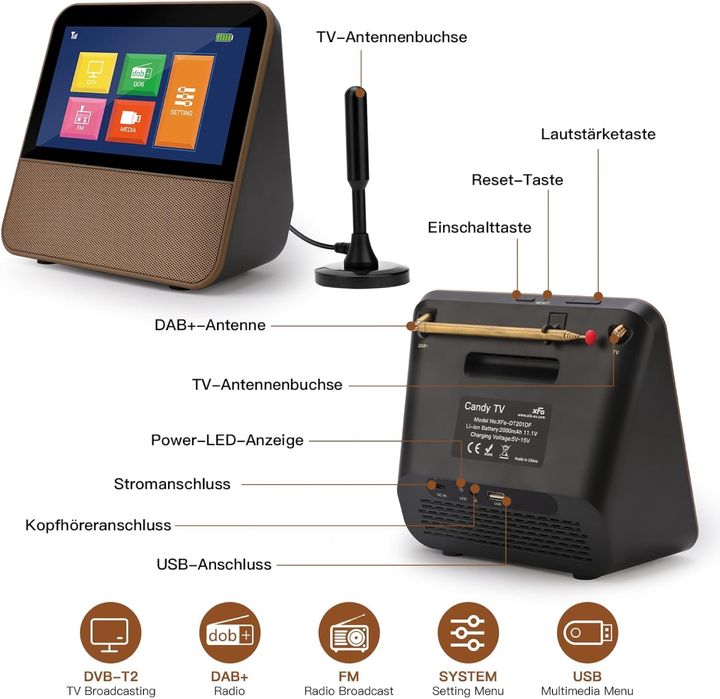 Мини преносим телевизор, 7 инча, Candy TV DVB-T2 + FM