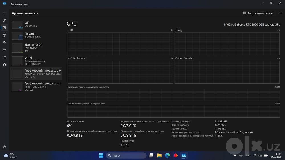 HP Victus 15  Core i5-13420H + RTX 3050 6GB, 8/512gb xotira