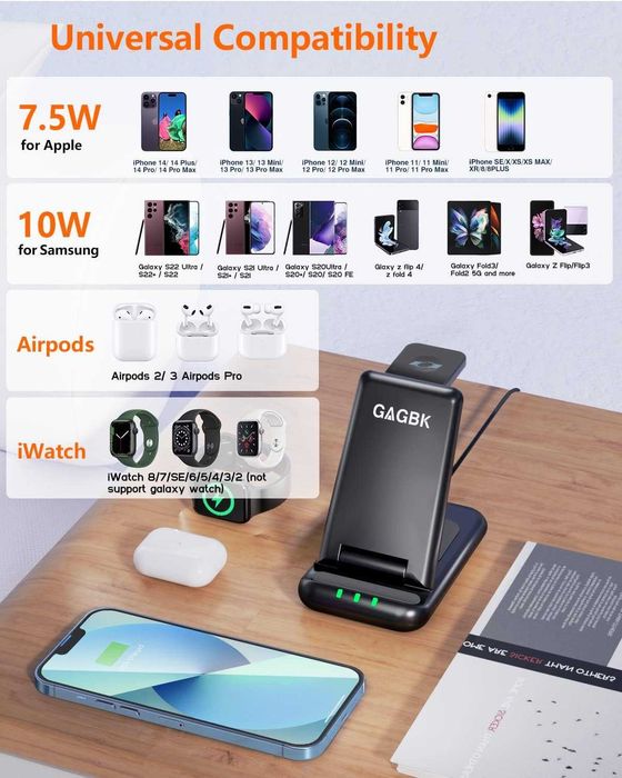 GAGBK Станция за безжично зареждане 3в 1,за iPhone,Apple Watch,Airpods