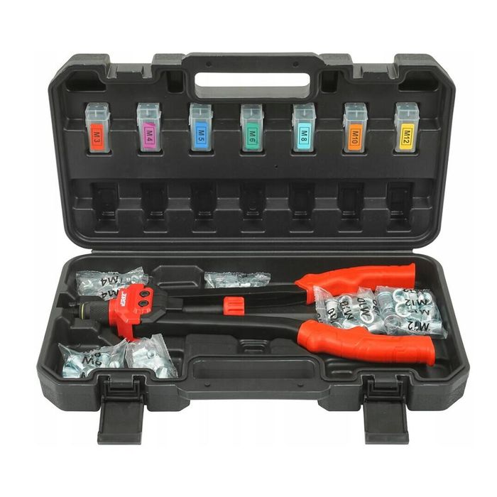 Cleste manual pentru piulite nituibile M3-M12, set cu 70 piulite si