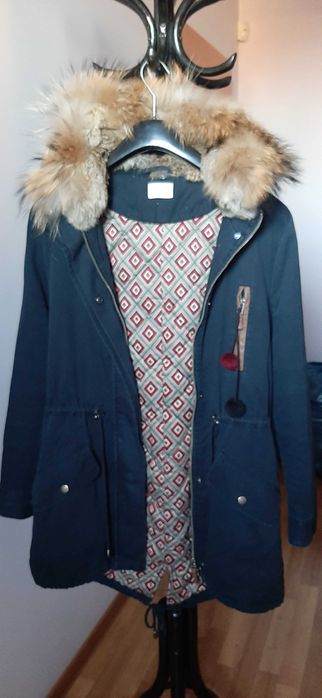 Тъмно синьо яке с кожена   качулка