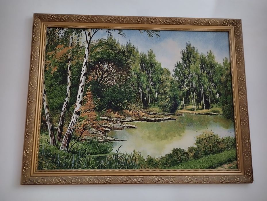 Красивая большая картина на гобелене в раме, пейзаж