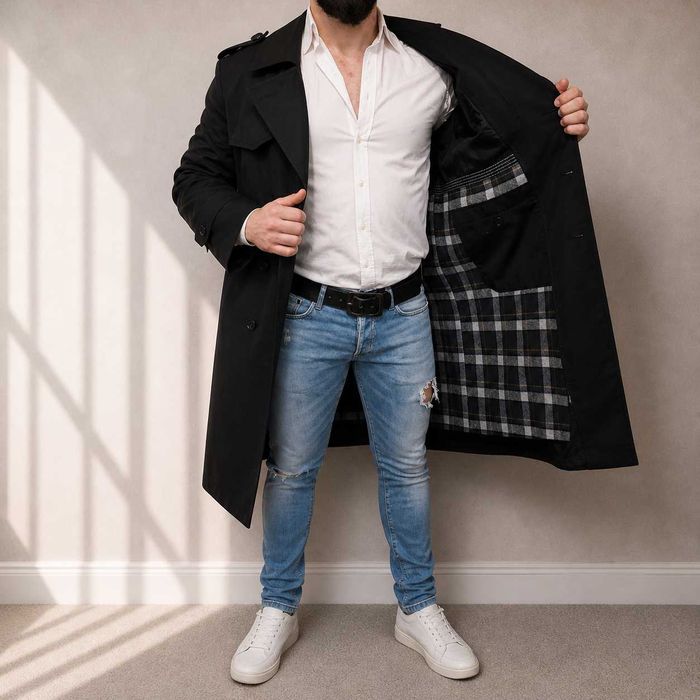 Palton trench militar negru barbati, dublu rând, căptușeală carouri, stil premium, marime L