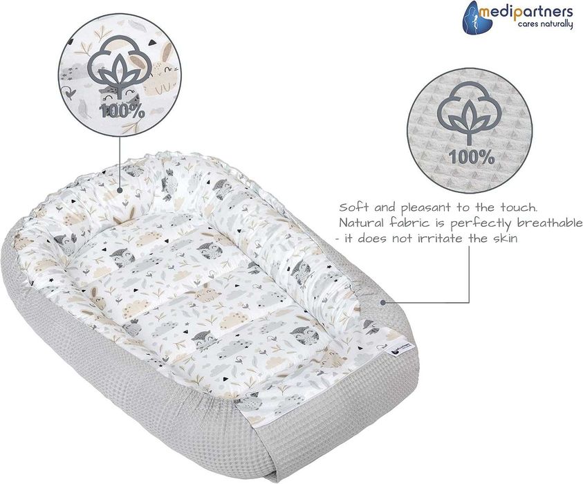 Medi Partners – Бебешко гнездо Cuddle Nest, 100% памук, Waffle, 100 × 60 × 15 см, сив цвят с животни