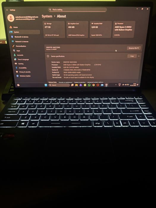 MSI Modern 14 cu Ryzen 5 4500U, 8GB RAM, SSD 512GB, ecran 14” Full HD