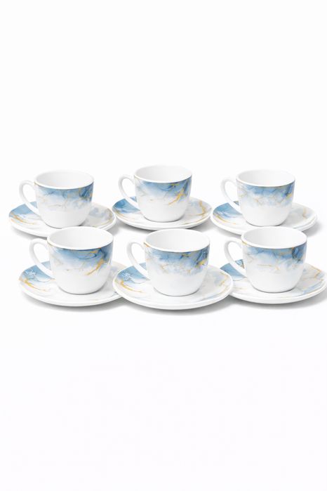 Set serviciu masa opal 32 piese, 6 persoane, alb cu model marmura gri si detalii aurii, farfurii si cesti incluse, model ONIX