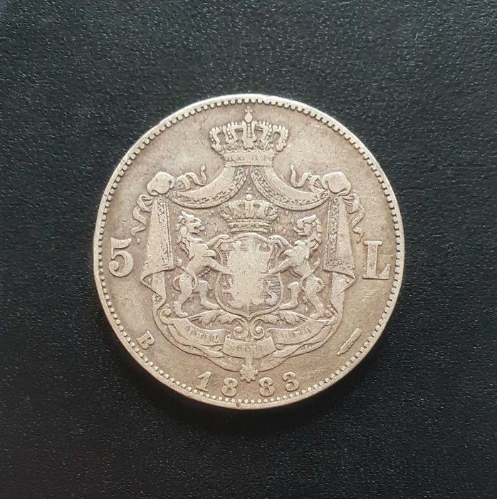 Moneda 5 lei 1883 argint, varianta cu patrat la coroana, mai rara