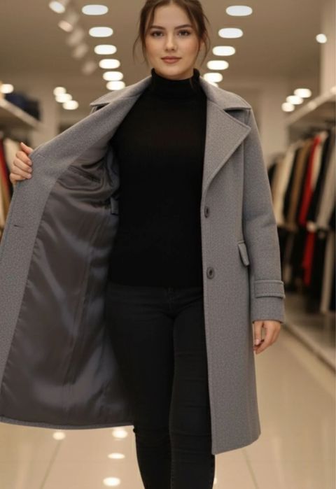 Gray Belt Detailed Pocketed Buttoned Double-Breasted Cashmere Coat