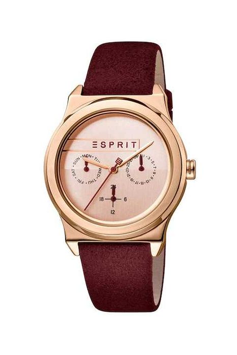 Esprit, Ceas quartz cu o curea de poliuretan, Rosu Bordeaux/Auriu