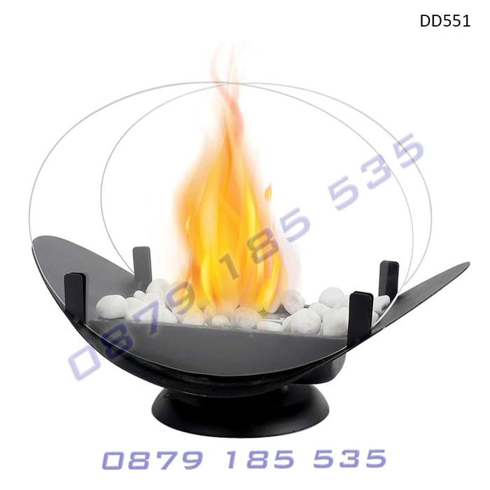 Дизайнерска биоетанолова камина кръгло стъкло бели декоративни камъни