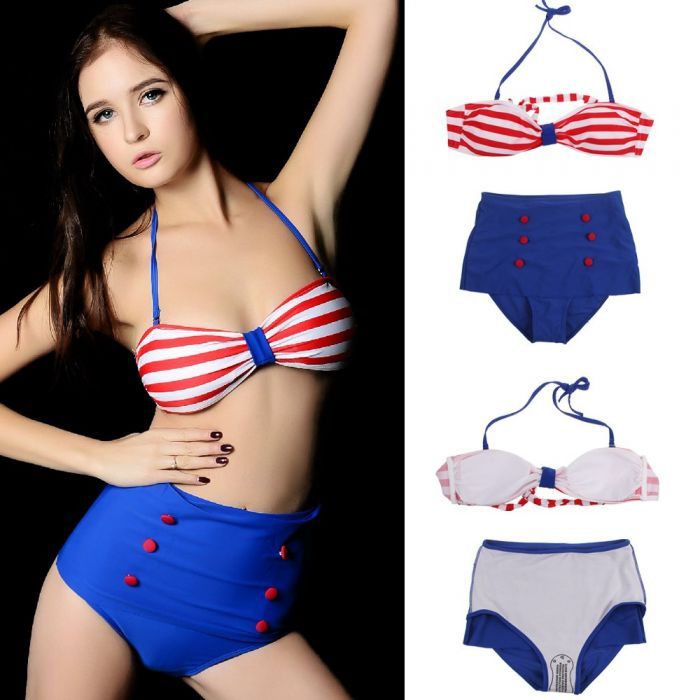 Costum de baie cu buline model retro cu talia inalta