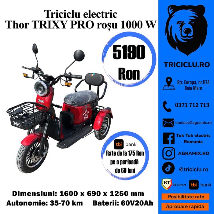 Triciclu electric tuktuk Thor TRIXY-PRO CU CIV nou Agramix