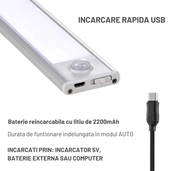 Lampa LED SLIM cu senzor miscare, suport magnetic - 20/30/40/60/80 cm