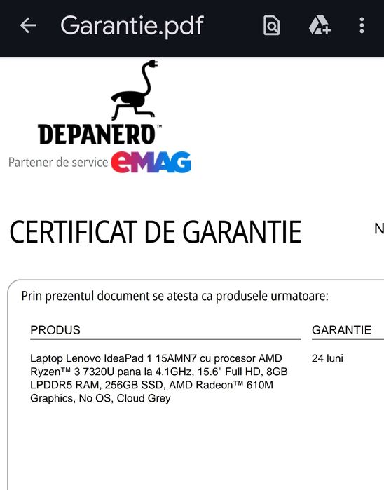 Vând Laptop Lenovo IdeaPad 1 15AMN7 cu procesor AMD Ryzen™ 3 73