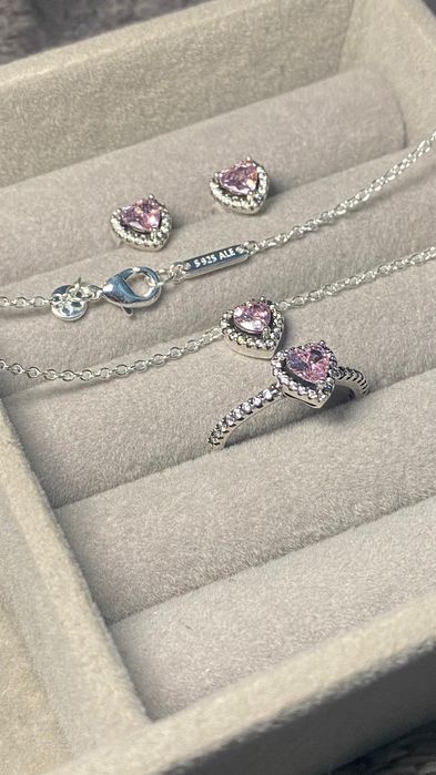 Ofertă! Set Argint PANDORA Roz Inimă S925 – Cercei, Lanț, Inel 54 EU / 7 US
