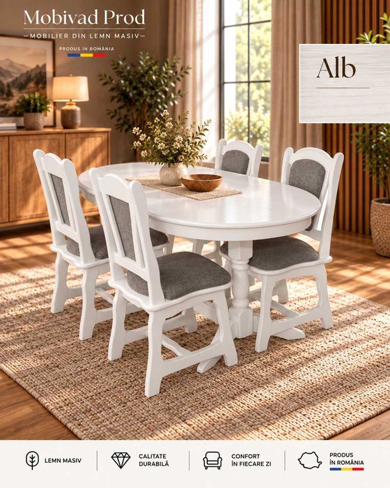 Mese și seturi dining din lemn masiv cu scaune – Alb, Stejar, Nuc, Negru