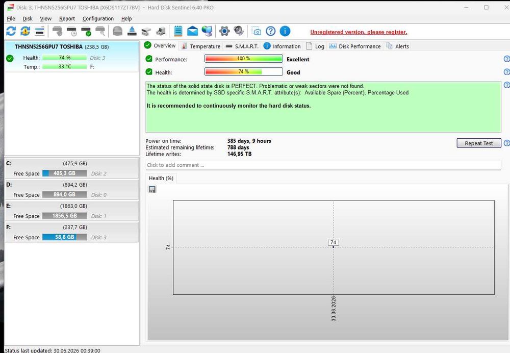 SSD NVMe M.2 Toshiba/Kioxia 256GB – 74% Health – Testat 4