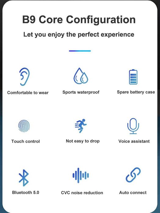 Блутут безжични B9 TWS Bluetooth 5 стерео слушалки хендсфри Sport Gamе