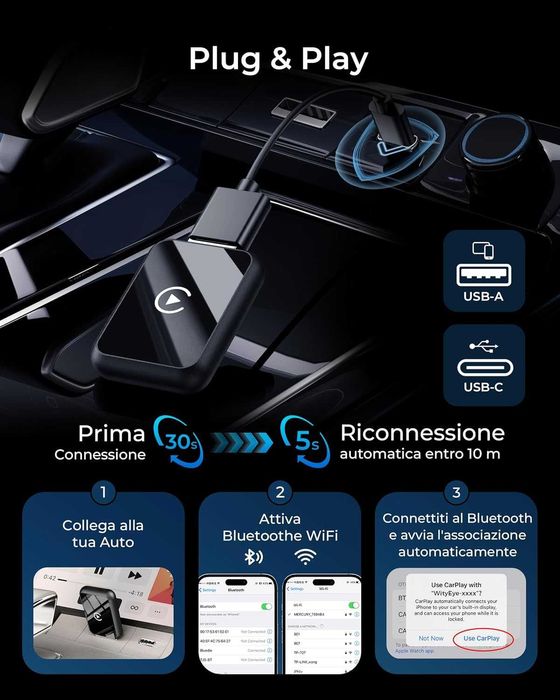 WityEye Carplay iOS10+ Android 11+, Bluetooth V5.3, 5,8GHz WiFi/USB CA