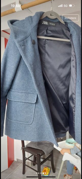 Palton scurt Zara albastru cu gluga Mărimea S