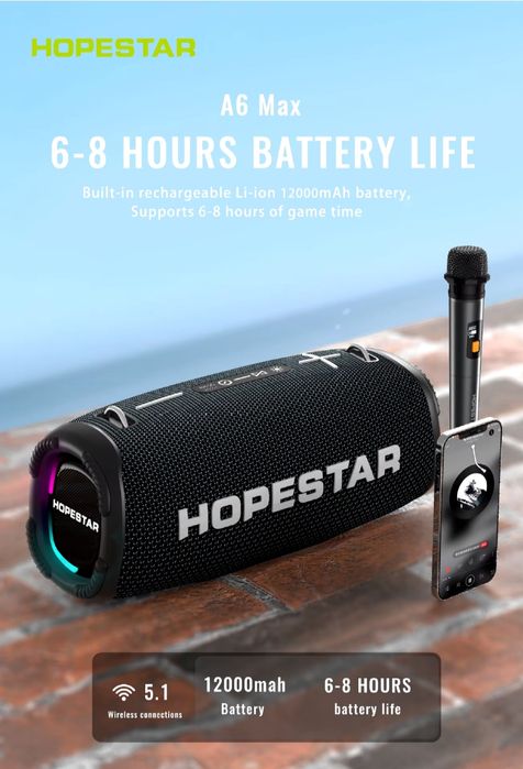 Portativnyy Bluetooth-mikrofon HOPESTAR A6MAX, 80 Vt