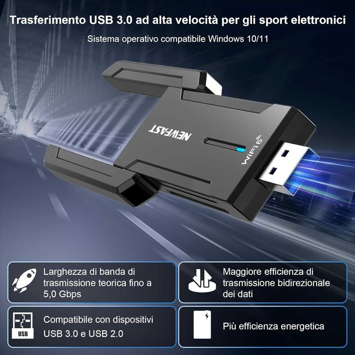 Adaptor WiFi NEWFAST 5400Mbps USB WiFi 6E,Antenă WiFi Tri-Band 6/5GHz
