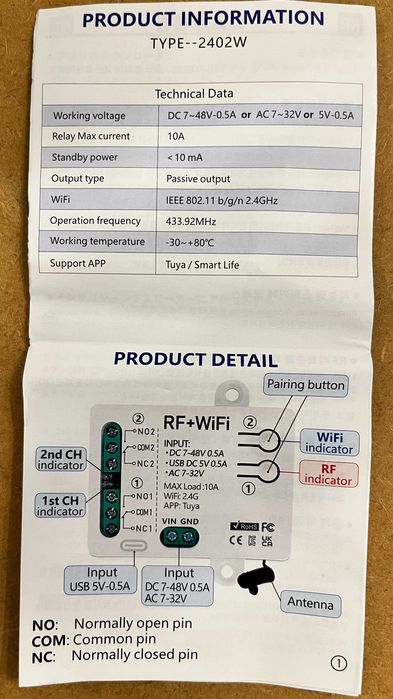 Tuya WiFi RF433Mhz Smart Light Switch 2-CH,DC 5V 12V 24V 48V,1-250V