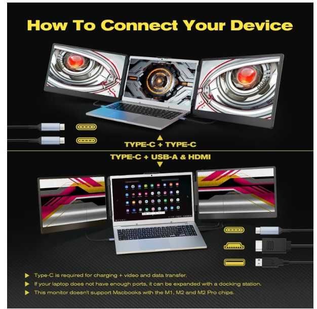 Monitor portabil, 14 inch, FullHD, HDR, 16:9, Tri-Screen, Plug & Play