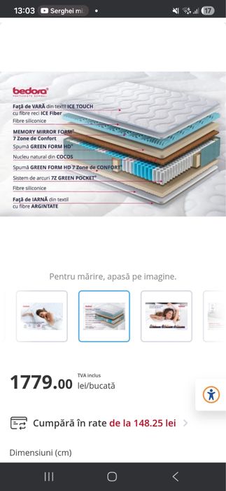 Saltea Bedora Pocket Ice Touch Cocos 160 x 200