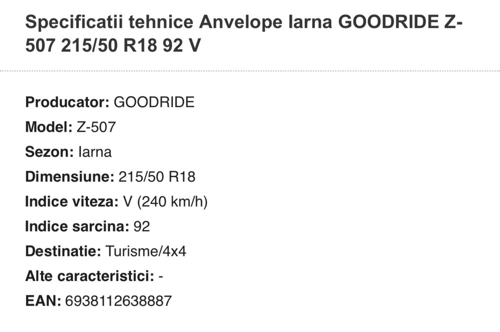 4 buc Cauciucuri iarna 215/50/r18 goodride noi noute