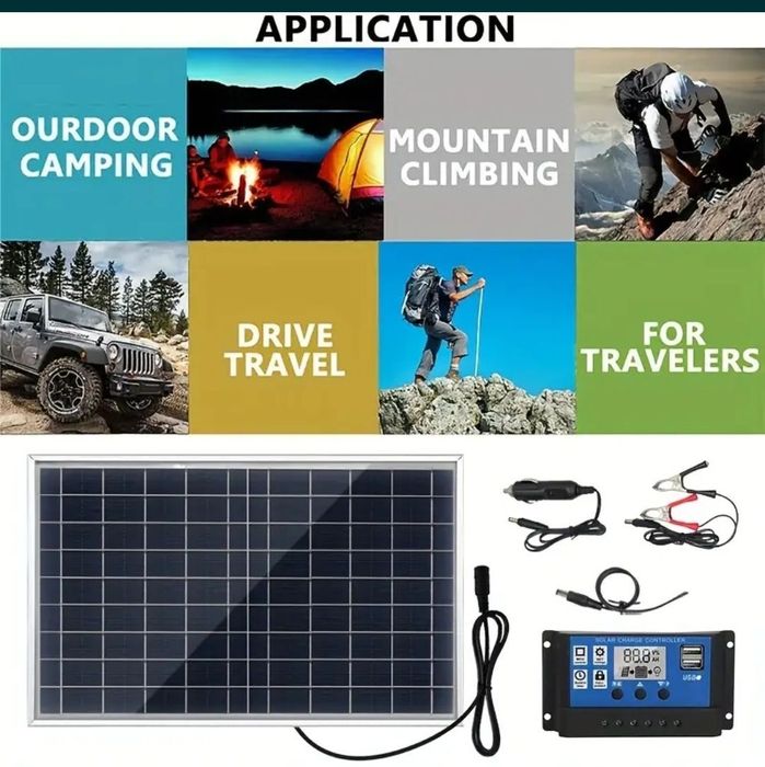 Kit panou solar 20W + controler 100 A / ideal camping , garaj , iluminare curte