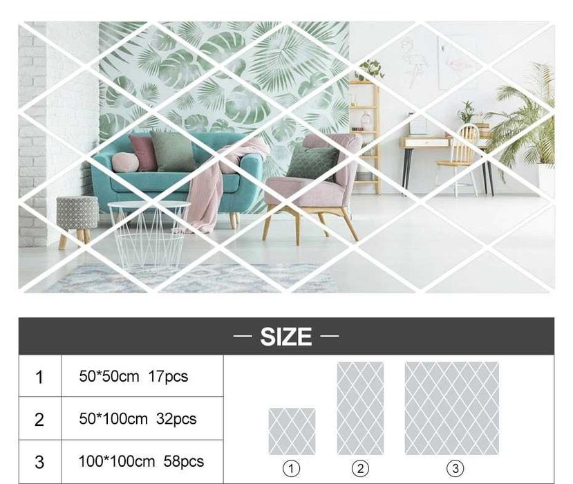 Set 32 Oglinzi Acrilice Diamant Romb Sticker Auto-adeziv 50 x 100 cm