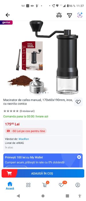 Macinator de cafea manual, 170x60x190mm, inox, cu rasnita conica