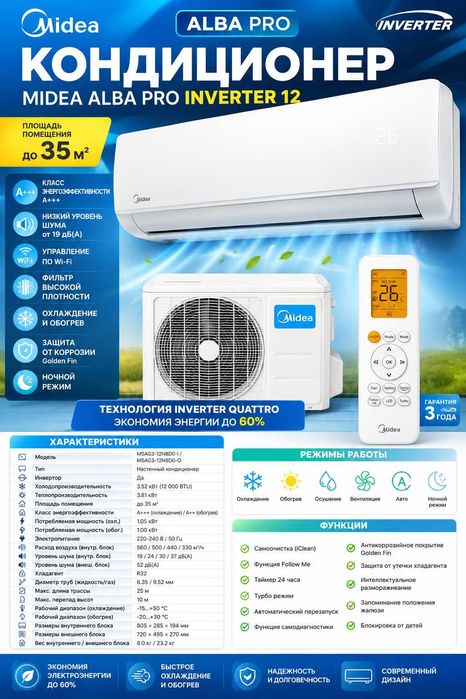Кондиционер midea Alba pro inverter 12,МЕГА СКИДКИ+ББЕСПЛ ДОСТАВКА