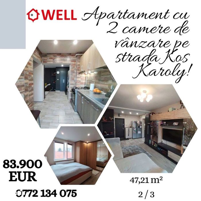 Apartament cu 2 camere de vânzare pe strada Kos Karoly!