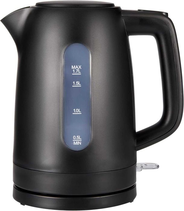 Кана Amazon Basics 1.7 л, 2200 W, без BPA с 360° основа, автоматично изключване и подвижен филтър за котлен камък, матово черно