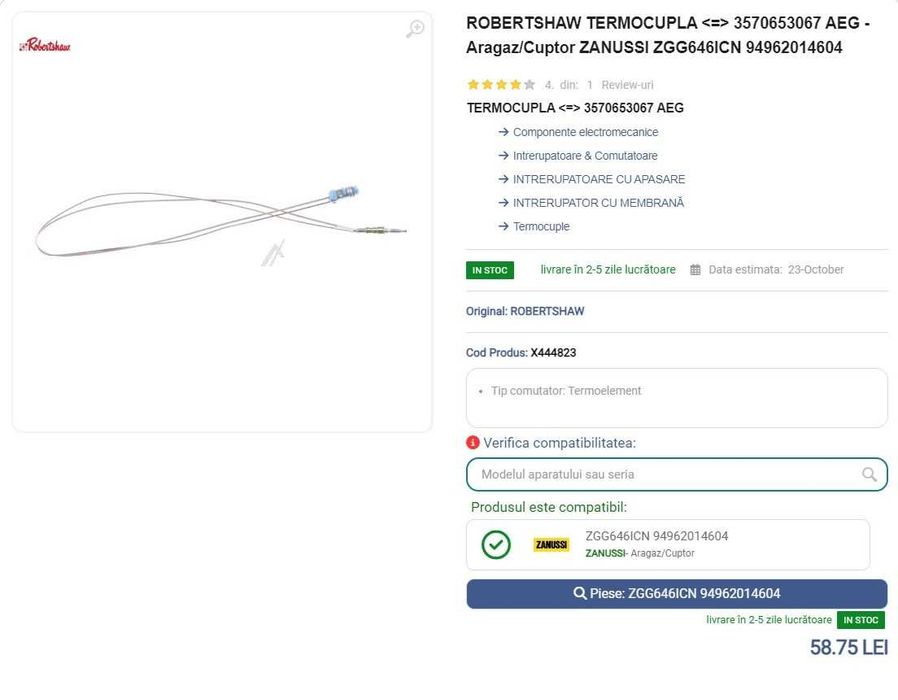 Plita gaz Zanussi ZGG646ICN cu 4 arzatoare