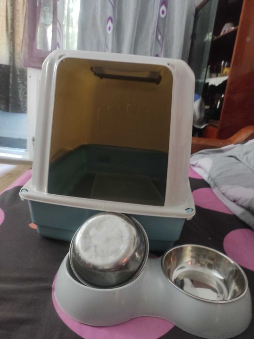 Litieră mare,boluri și un pătuț de pisici