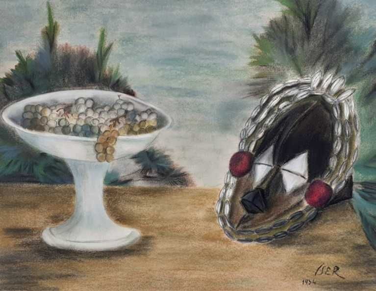 Tablou vechi - natura statica cu masca - semnat Iser 1934