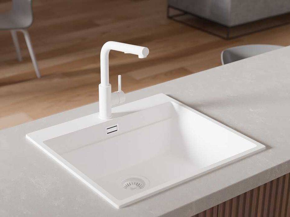 Бял смесител за кухня с изтегляща глава, 2 режима на струя - 3010