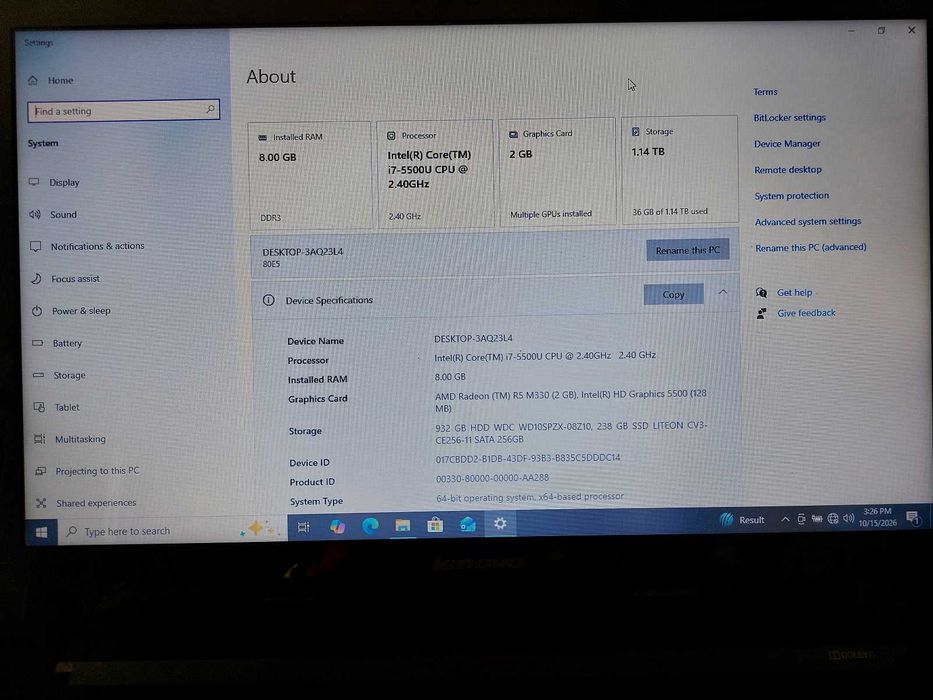 Lenovo G50-80 15.6" Intel i7-5500U, 8 GB DDR3, AMD Radeon R5 2 GB, SSD 256 GB, HDD 1 TB, Dolby Audio