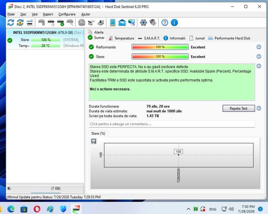 SSD M.2 Nvme 2280 capacitatea 512Gb Intel SSDPEKNW512G8H stare perfecta, viata 100%, 70 zile utilizare