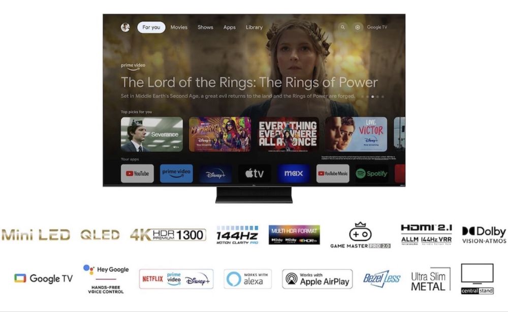 TCL MiniLed 65C805, 65" (164 см), Smart Google TV, 4K Ultra HD, 100 Hz