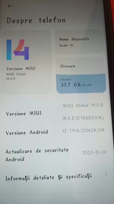 Vând telefon Xiaomi Redmi 10 (culoare alb / Pebble White), perfect funcțional și bine întreținut.