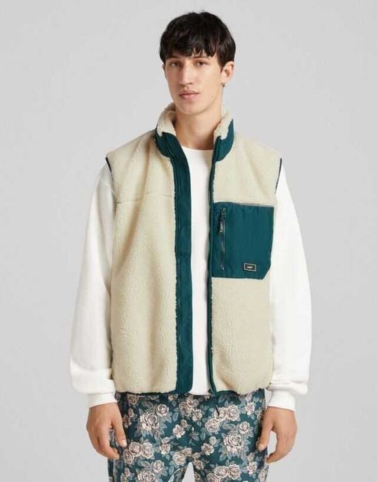 Мъжки елек от изкуствен каракул Bershka, Бял, XL