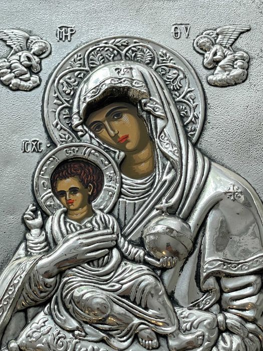 Icoana Maica Domnului Prunc IISUS Athos bizantin argintata certificata